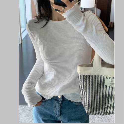 Forever Kids 正韓 坑條直條紋木耳袖下擺上衣純色【C73357】韓國代購