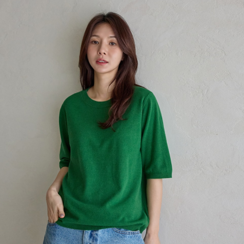 正韓  簡約五分袖圓領純色 素面針織上衣【A73358】