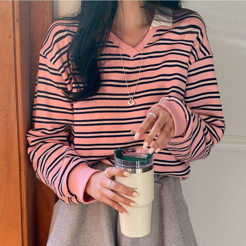 正韓  配色翻領條紋寬鬆棉T上衣【C73375】韓國代購