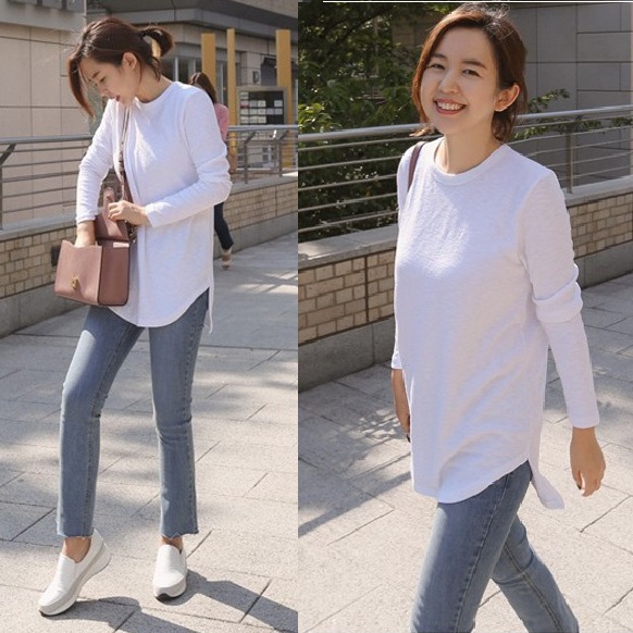 正韓 圓領基本長版開岔下擺X線上衣T【C74421】韓國代購