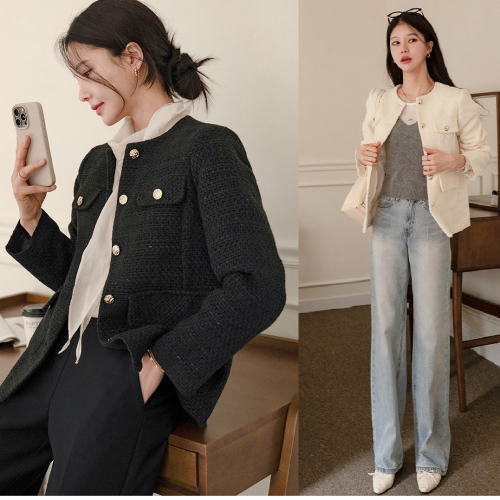 正韓 斜紋軟呢長版金扣小香氣質外套【B74401】韓國代購