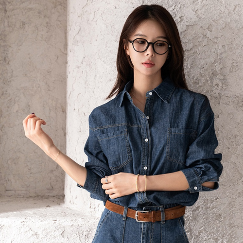 正韓  經典圓弧下擺牛仔襯衫【A73373】