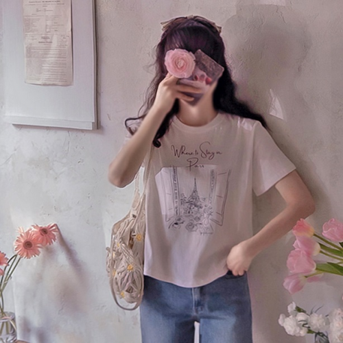 正韓  鐵塔印花絲綢短袖T【A74503】