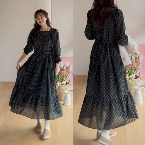 正韓  女人味方領花朵有口袋 棉質長洋裝【A74506】