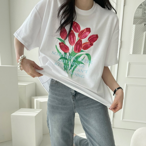 正韓  注目配色花朵短袖寬鬆T【FA40376】