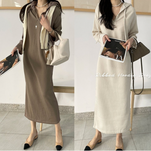 正韓 喜歡~連帽鈕扣V領舒適 連身裙長洋裝【C74702】韓國代購
