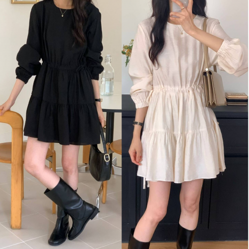 正韓 質感氣質人造絲垂墜皺褶 腰身小洋裝連身裙【C7401】韓國代購