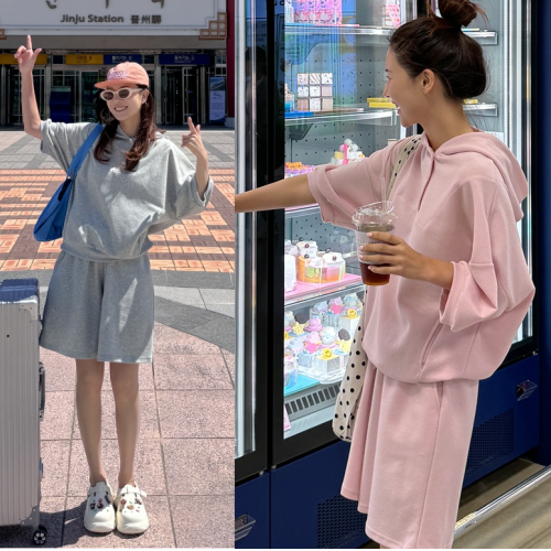 正韓 一套!休閒連帽開扣T+五分褲 套裝【C7402】韓國代購