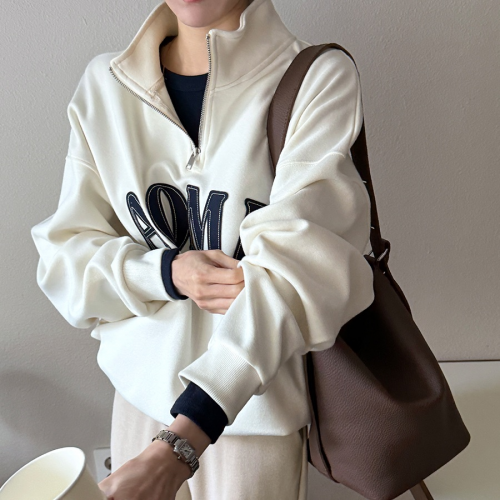 正韓 質感半拉鍊立領字母T上衣【C7403】韓國代購