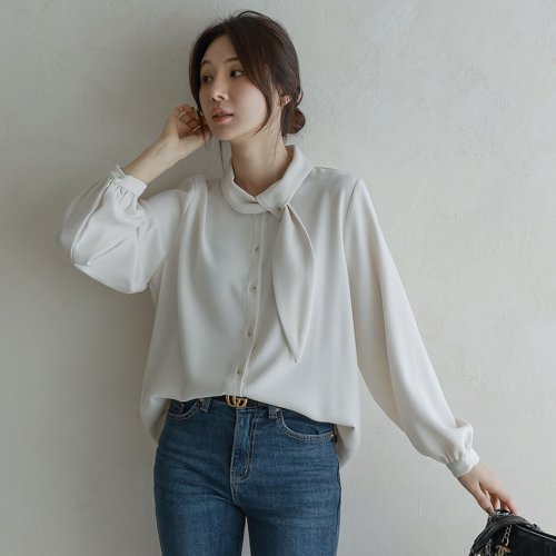 正韓   氣質垂墜圍巾雪紡襯衫繫帶【B74217】