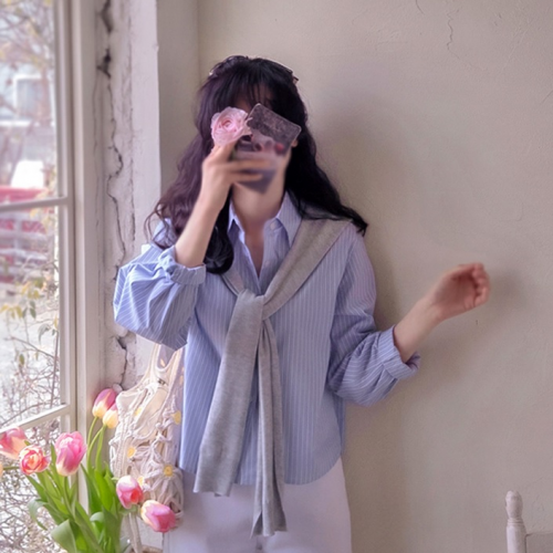 正韓  喜歡~條紋半短襯衫+披肩套裝【A74221】