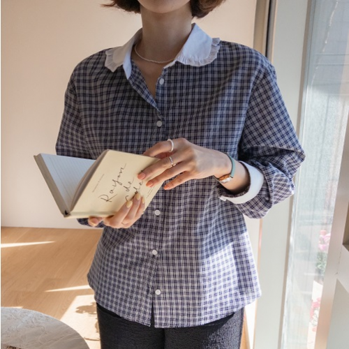 正韓  配色皺褶領格紋襯衫【A74228】