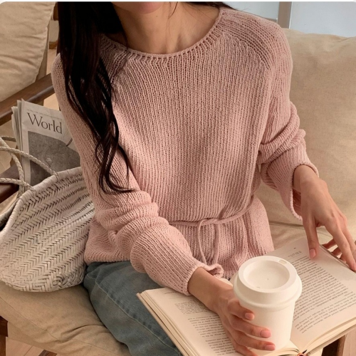 正韓 簡約圓領針織上衣 附腰帶設計【W74221】韓國代購