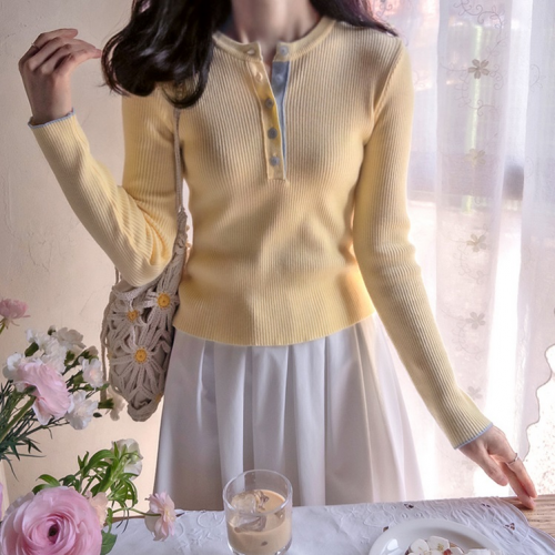 正韓   彈性配色紐扣長袖 螺紋針織上衣【A74225】