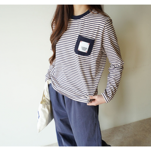 正韓 日常條紋口袋 配色領T上衣【W74225】韓國代購