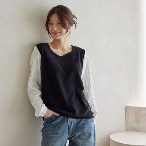 正韓  拼接心形領配色上衣襯衫【A74239】