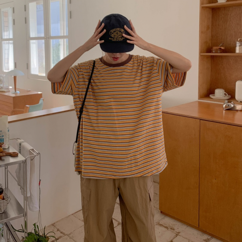 正韓  寬鬆休閒配色條紋 五分袖上衣【A74241】