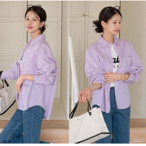 正韓  糖果色條紋寬鬆長版 襯衫【B74248】 韓國代購