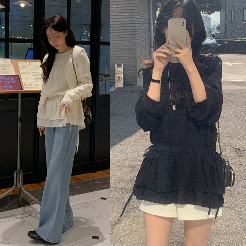 正韓 柔美皺褶腰身可綁 層次感人造絲上衣【E74271】韓國代購