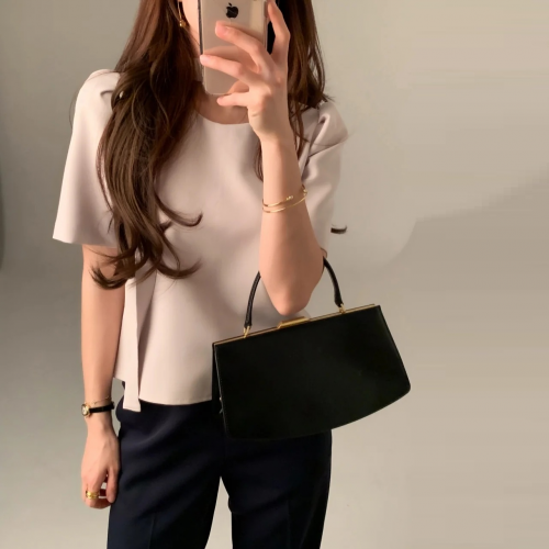 正韓 優雅人造絲 小抓褶袖附綁帶設計 襯衫上衣【E74282】韓國代購