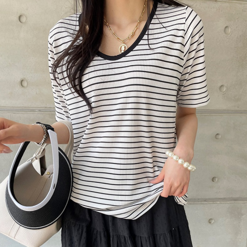 正韓  長版V領條紋T上衣【B74289】