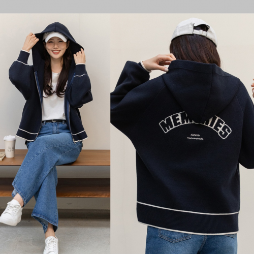正韓 垂落連帽 刺繡字母連帽針織外套【C74291】韓國代購