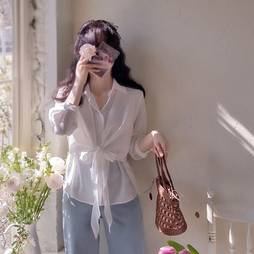 正韓  浪漫 前綁帶修身絲直襯衫上衣【A74295】