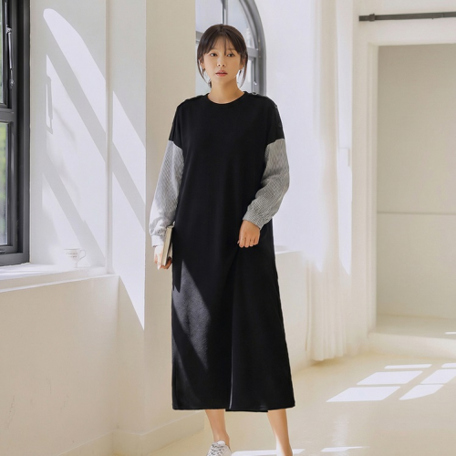 正韓  撞色配色 條紋袖寬鬆連身裙 長洋裝【A74312】