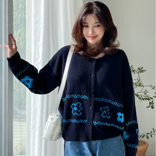 正韓  可愛春款花卉圖針織開襟外套【A74313】