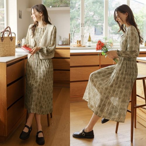 正韓 浪漫印花抽繩縮腰 雪紡長洋裝 連身裙【A74341】韓國代購