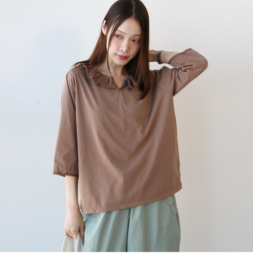 正韓 蕾絲荷葉邊小開扣七分袖純棉上衣 【C74357】】韓國代購