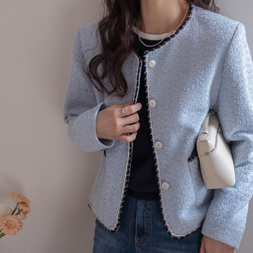 正韓  撞色領口配色邊花呢外套【A74357】