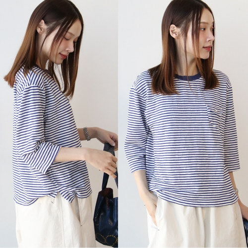 正韓 休閒自然水洗條紋 口袋配色T七分袖上衣【C74359】韓國代購