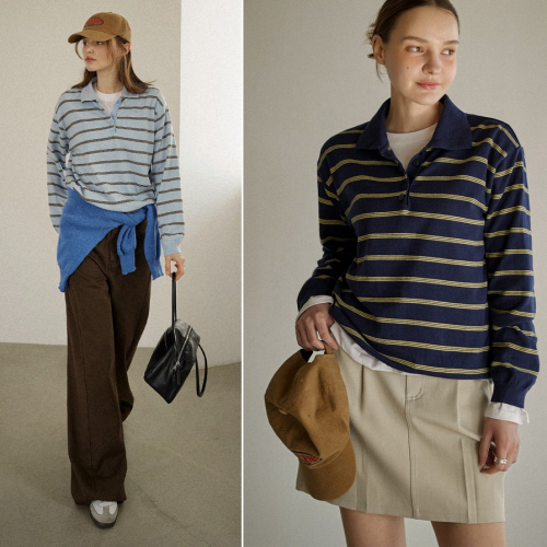 正韓  亨利領開扣條紋 針織上衣【A74363】