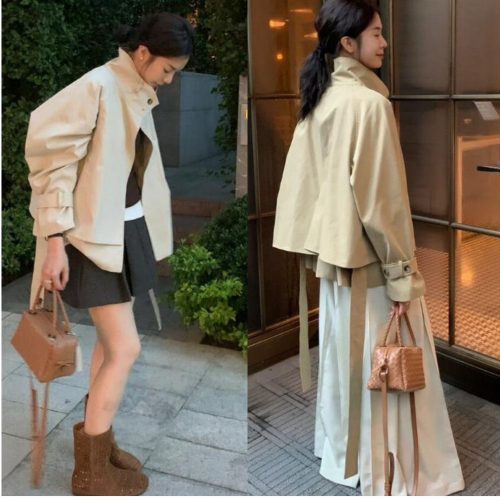 正韓 後扣設計腰帶米色風衣外套【E74361】韓國代購