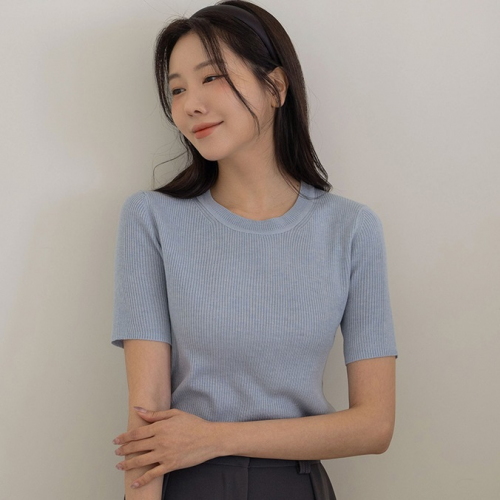 正韓  豎直條紋圓領短袖針織衫【A743637】