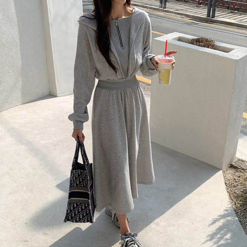 正韓  半拉鍊連帽縮腰 連身裙 套裝【A74373】