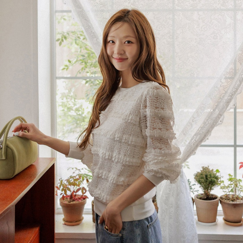 正韓  拼接背鏤空彈性荷葉上衣【A74375】