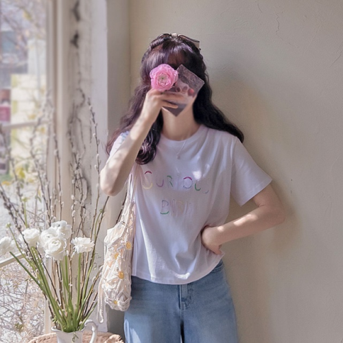 正韓  柔軟水洗刺繡字母可愛短袖T 上衣【B74386】