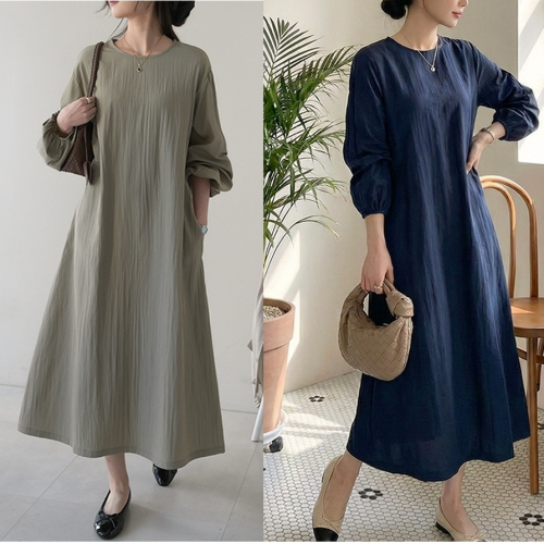 正韓 純色素面有口袋連身裙 寬鬆長洋裝【C74383】韓國代購