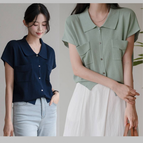 正韓 垂墜感顯瘦口袋珍珠貝扣針織上衣【C67709】韓國代購