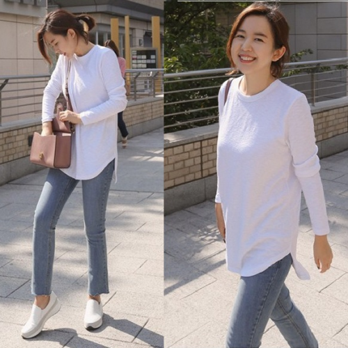 正韓 圓領基本長版開岔下擺X線上衣T【C74421】韓國代購