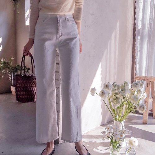 正韓  全彈性鬆緊腰好穿 白 粉色直筒褲【A75208】