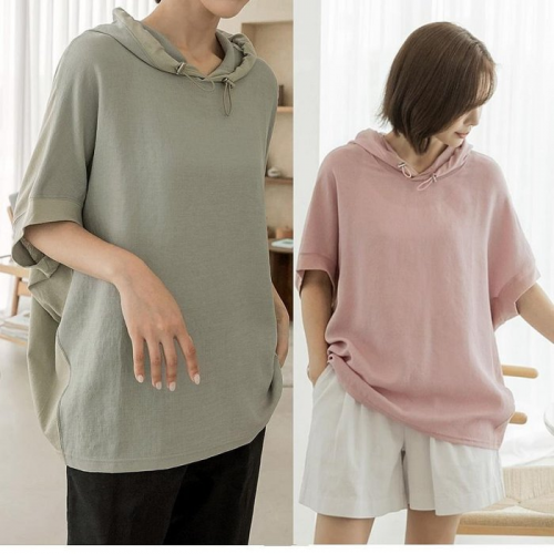 正韓   喜歡!連帽拼接亞麻 魟魚袖連袖T上衣【C55307】