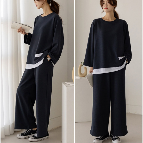 正韓 一套~拼接下襬寬鬆上衣+寬褲 套裝【A75305】