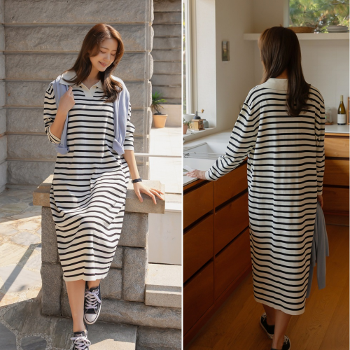 正韓  V領條紋寬鬆長洋裝 連身裙【A75307】