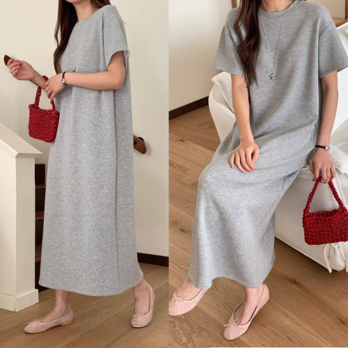 正韓 簡約後下擺開岔 圓領長版T 連身裙長洋裝 素面【A75802】韓國代購