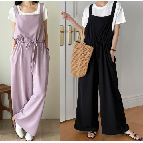 正韓 抽繩腰平口吊帶褲-腰無袖連身褲  寬褲【A75805】韓國代購