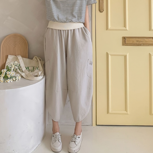 正韓 棉麻質感口袋休閒 鬆緊腰闊腿褲下擺斜邊八分褲【D75801】韓國代購