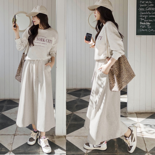 正韓 一套~休閒半短字母上衣+抽繩有口袋長裙 套裝【D75902】韓國代購